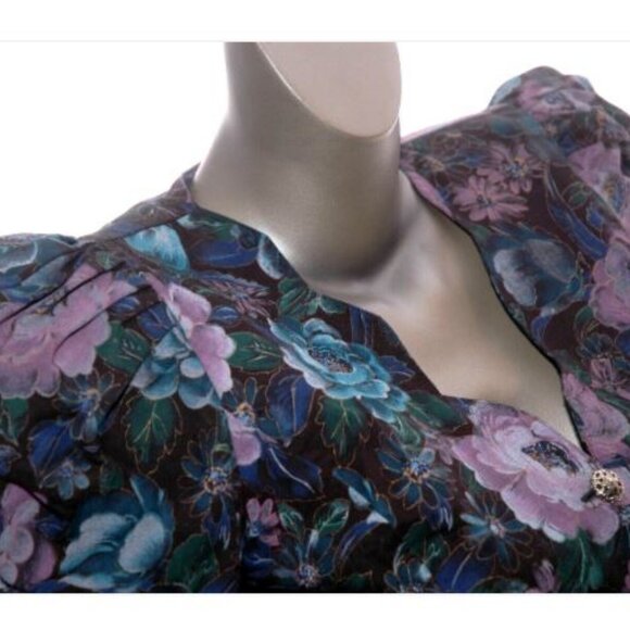 Vintage 80s Midi Dress Cottage Core Puff Sleeves Scallop Black Pastel Floral 7/8 - Picture 5 of 10